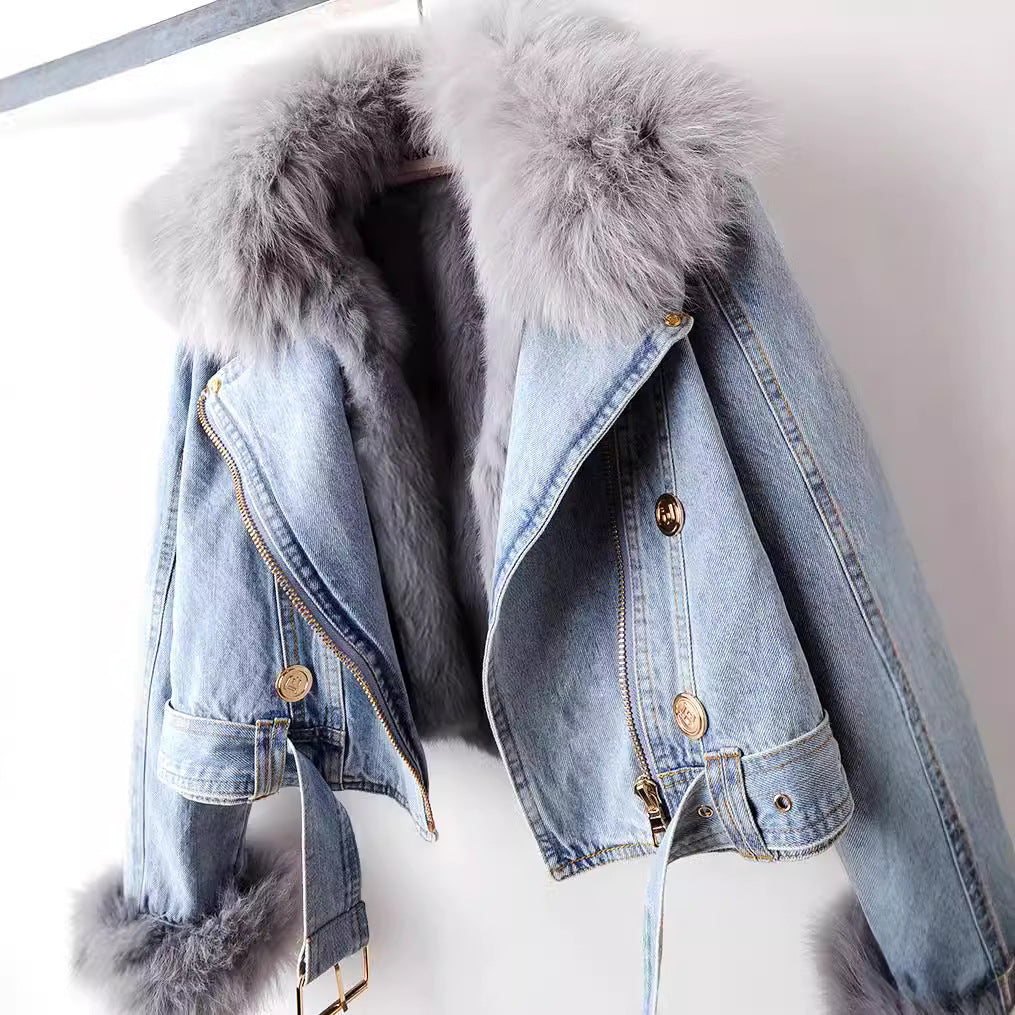 Beatrice - Luxury lined fox fur denim coat